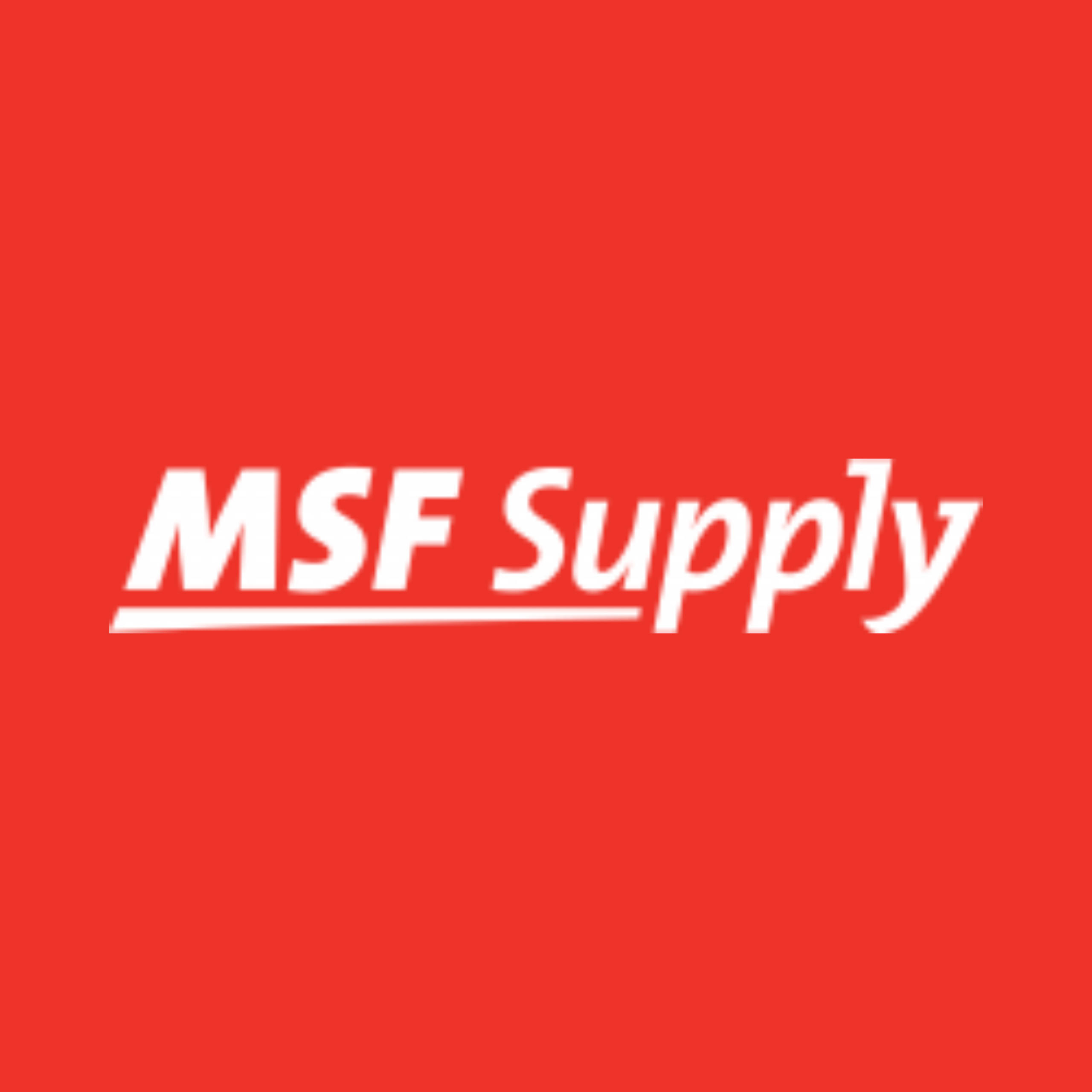 Le logo emblématique de Msf Supply se détache brillamment sur un fond rouge vif.