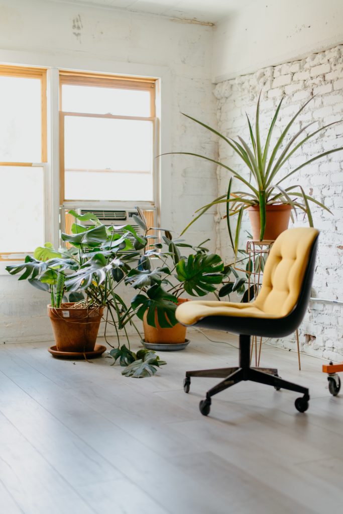 Une salle organisée avec une chaise jaune et une plante en pot, promouvant des habitudes de travail respectueuses de l'environnement.